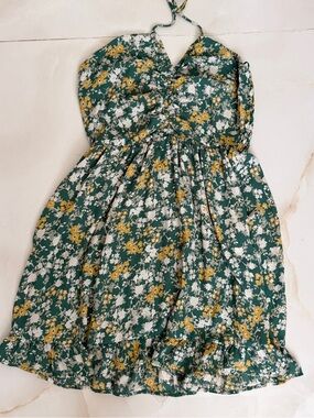 Sienna Sky Green Floral Halter Dress with Mustard Accents SMALL